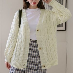 DAZY Cable Knit Drop Shoulder Cardigan, Shein Cream Oversized Sweater NWOT